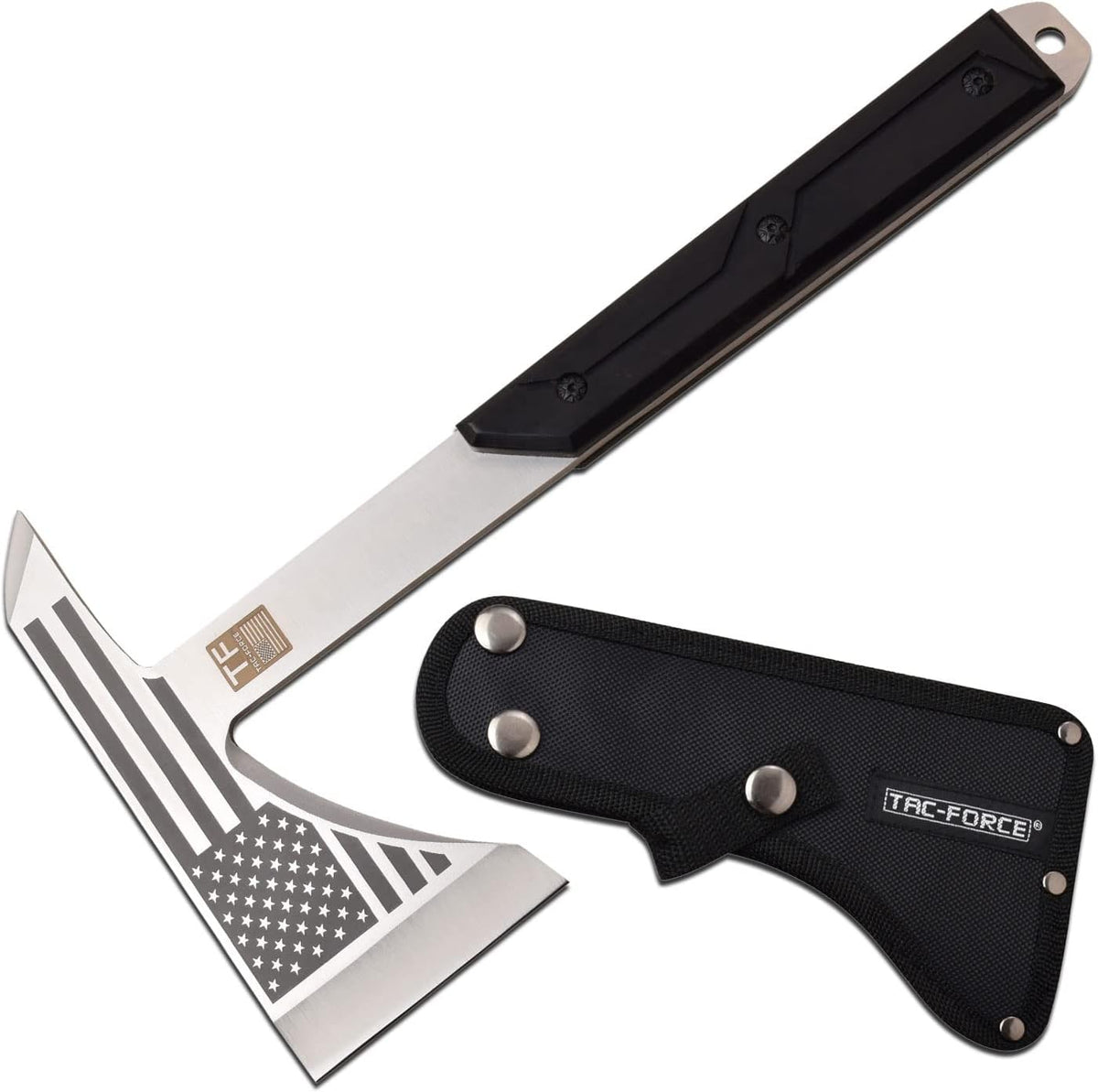TAC-FORCE Tomahawk – Axe - Satin Finish Stainless Steel Blade w/Etched U.S.A. Flag, Black Wood