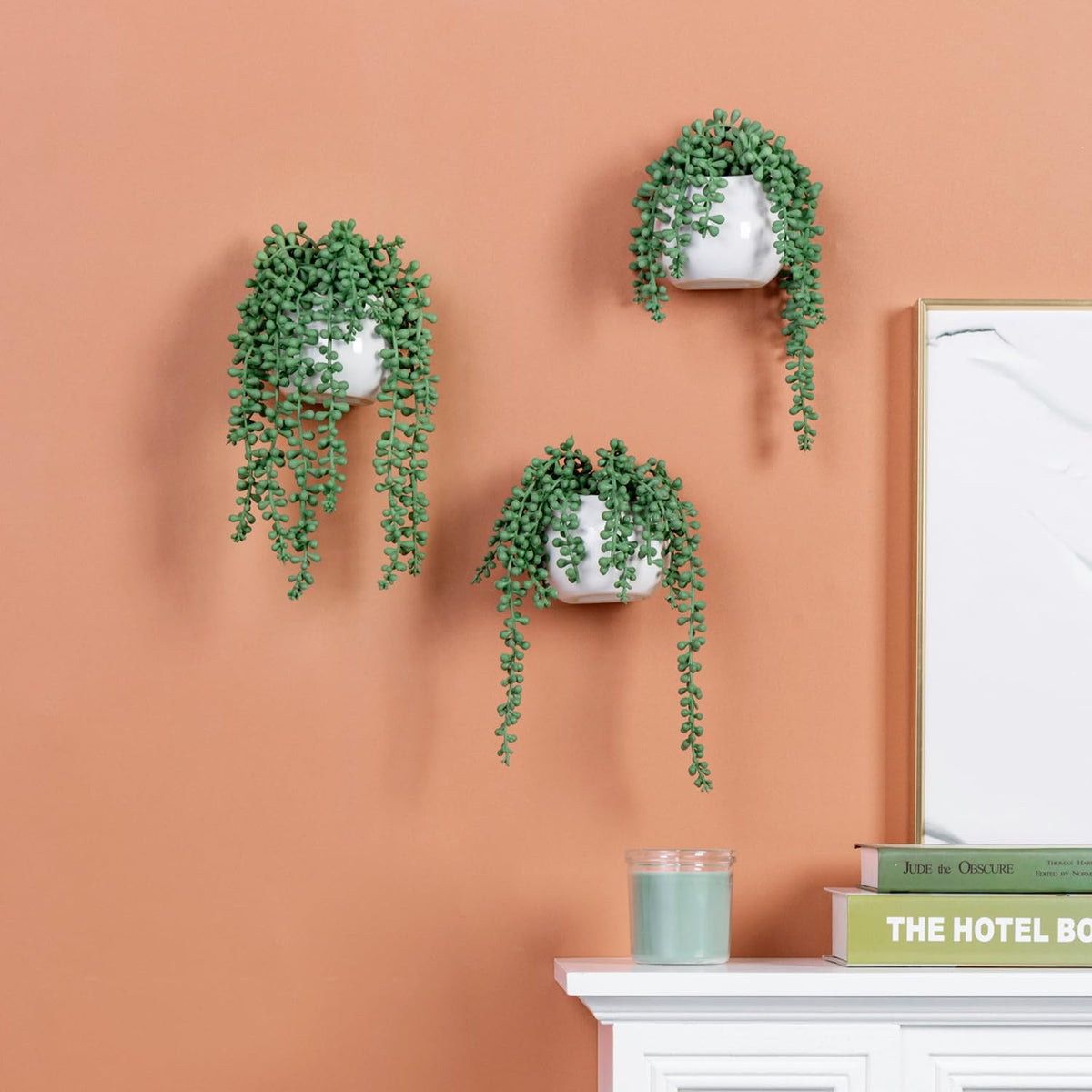 MyGift Artificial Faux String of Pearls Plants in White Ceramic Wall Hanging Planter Pot with Jute