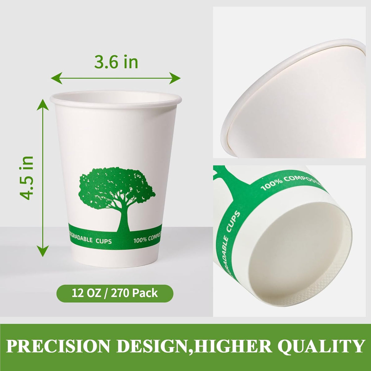 Vplus 270 Pack Compostable Paper Cups, 12 oz Biodegradable Disposable Paper Coffee Cups