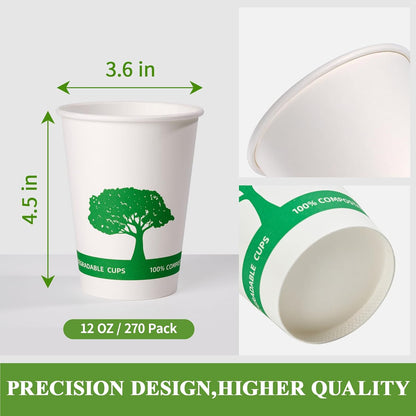 Vplus 270 Pack Compostable Paper Cups, 12 oz Biodegradable Disposable Paper Coffee Cups