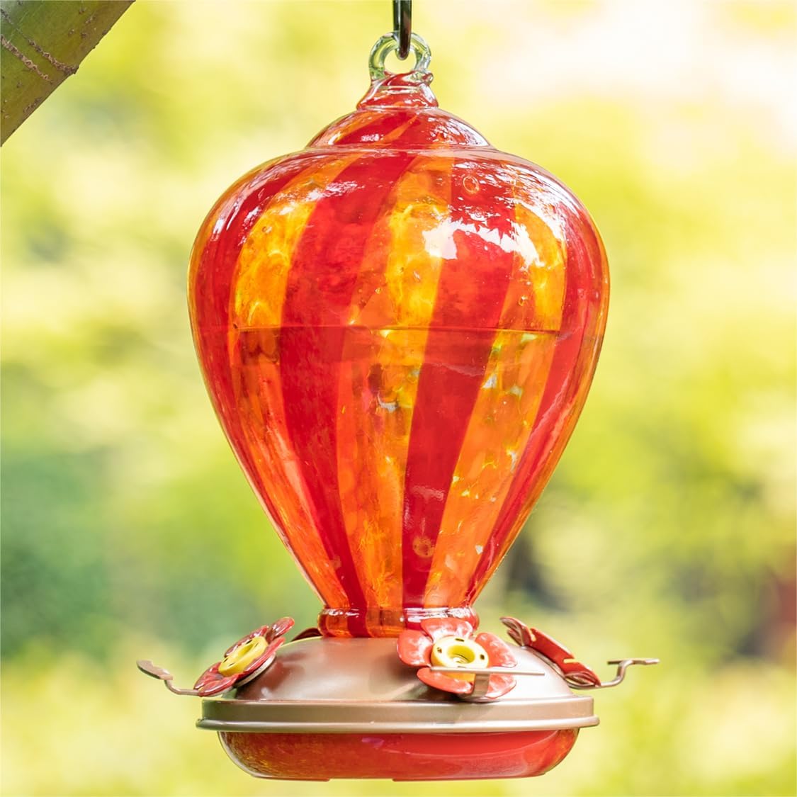 Hummingbird Feeder, 34OZ Hand Blown Glass Hummingbird Feeders for Outdoors Hanging, 4 Feeding Perch