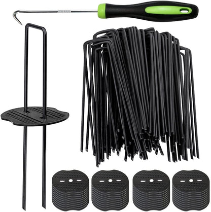 Bakulyor 150pcs Black Landscape Staples + 150pcs Buffer Washer, 6 Inch 11 Gauge Garden Stakes