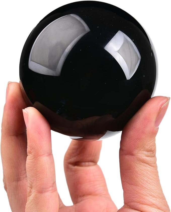 JIC Gem Small Black Obsidian Sphere Crystal Ball with Wooden Stand for Fengshui Healing Meditation