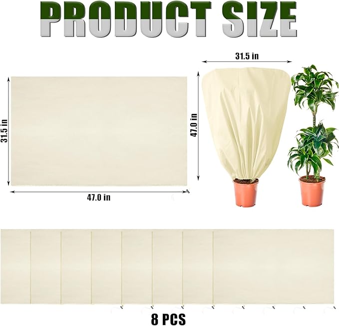 8 Pcs Plant Covers Frost Protection Bag 47" x 31.5" Winter Reusable Plants Jacket with Drawstring