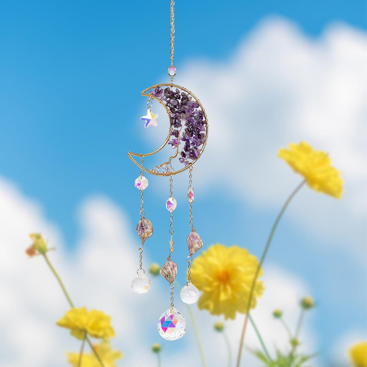 TUOKING Amethyst Crystal Moon Suncatchers for Window Hanging Tree of Life Natural Healing Stones