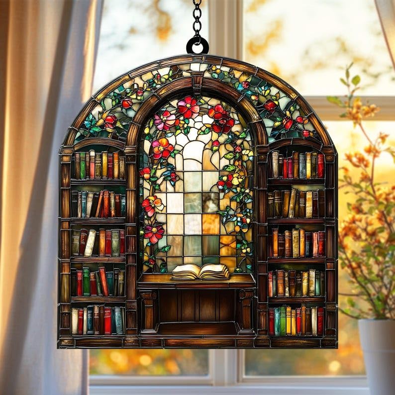 Floral Library Books Bookish Acrylic Suncatcher Stained Glass Effect Window Car Hanging Christmas