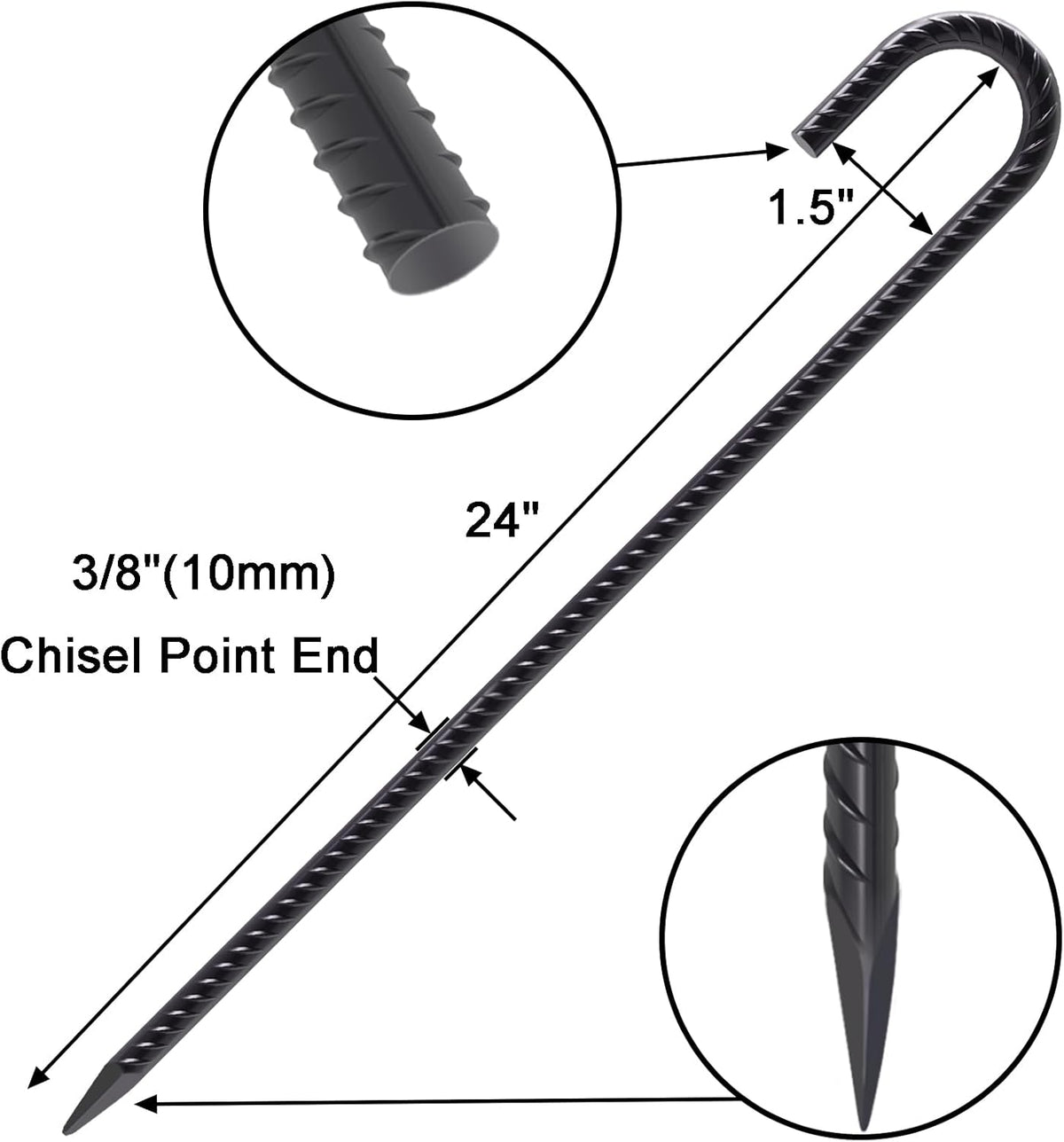 VVOKGO Rebar Stakes 24 Inch J Hook Heavy Duty Ground Anchors (16pcs), 3/8 Inch Diameter Metal Steel