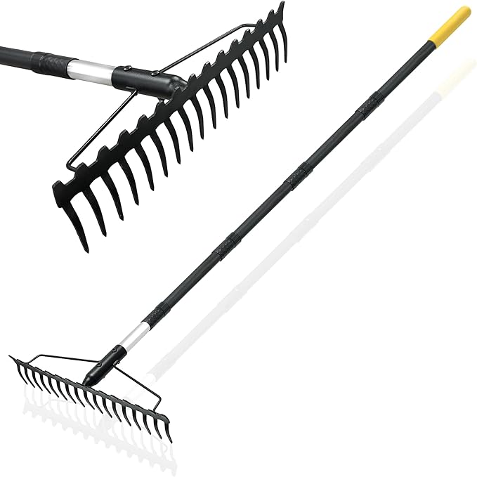 Bow Rake, 68-Inch Adjustable Handle Garden Rake with 17 Steel Tines, Heavy Duty Dual-Sided Metal
