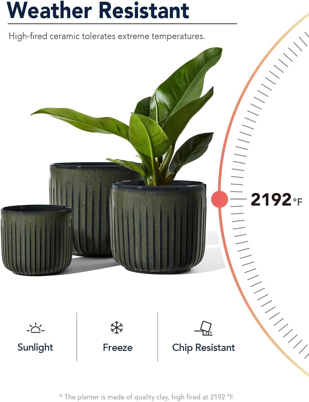 LE TAUCI Fluted Ceramic Planters Set of 3 – 8.3/7 / 5.7 in Dark Olive Reactive Cylinder Indoor
