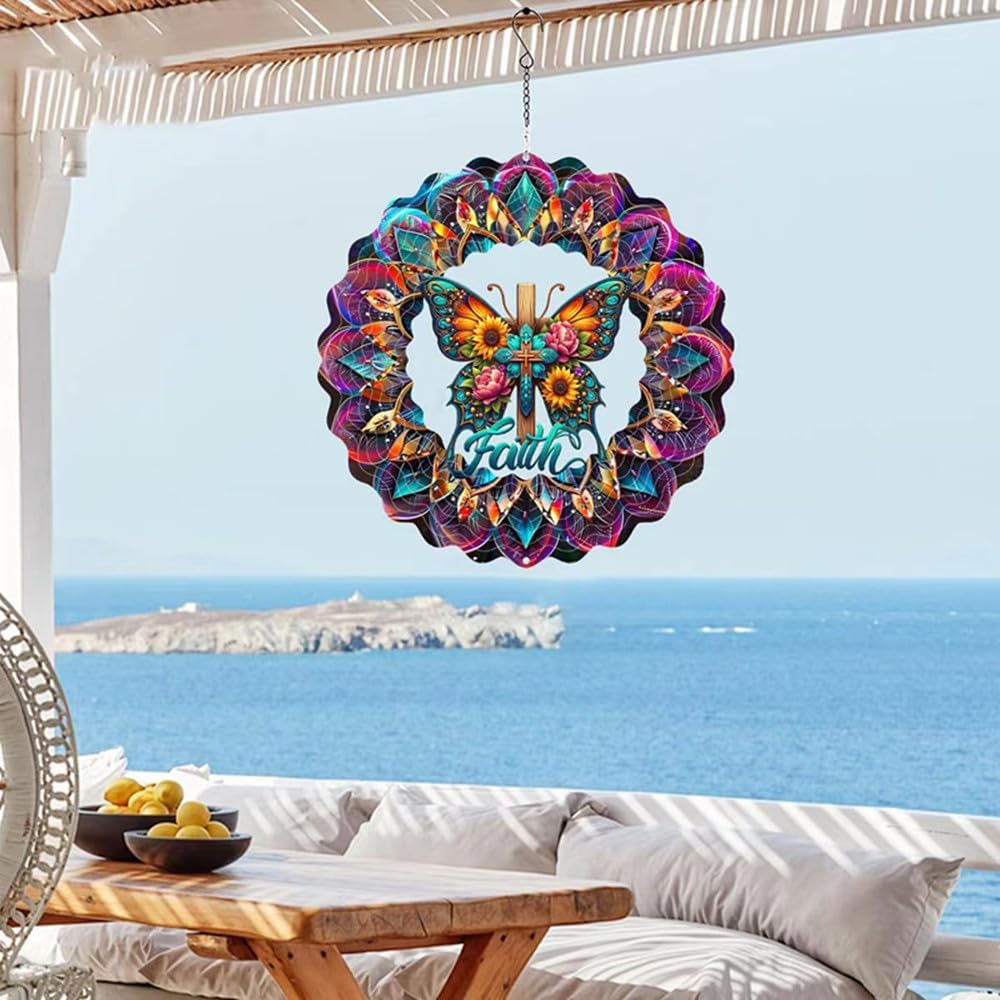 Cross Wind Spinner, Metal Wind Spinners Outdoor/Indoor, Cross Butterfly Hanging Garden Decor for