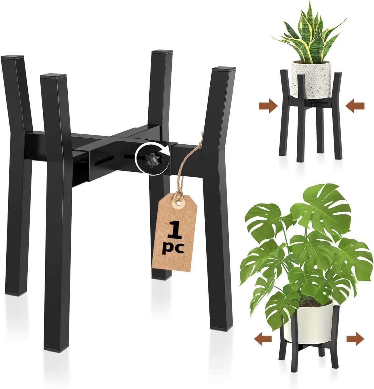 LASZOLA Black Adjustable Plant Stand for Single Large Outdoor Indoor Planters, Heavy Duty Metal