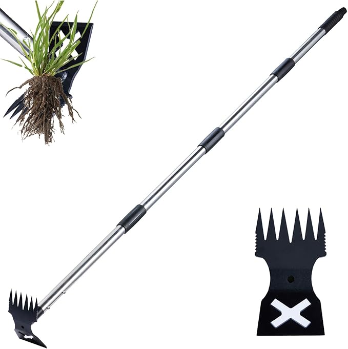 Weed Puller Tool with Long Handle - 60" Manual Weeder Remover Tool, 2 in 1 Hand Weed Rake and