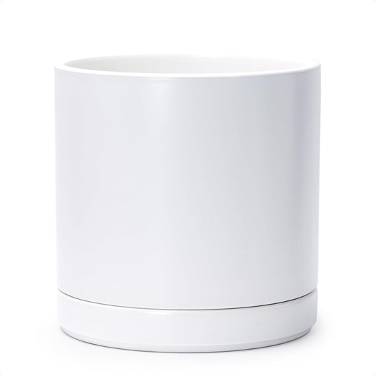 D'vine Dev 10 Inch Ceramic Planter Pot with Drainage Hole and Saucer, Indoor Cylinder Round Planter
