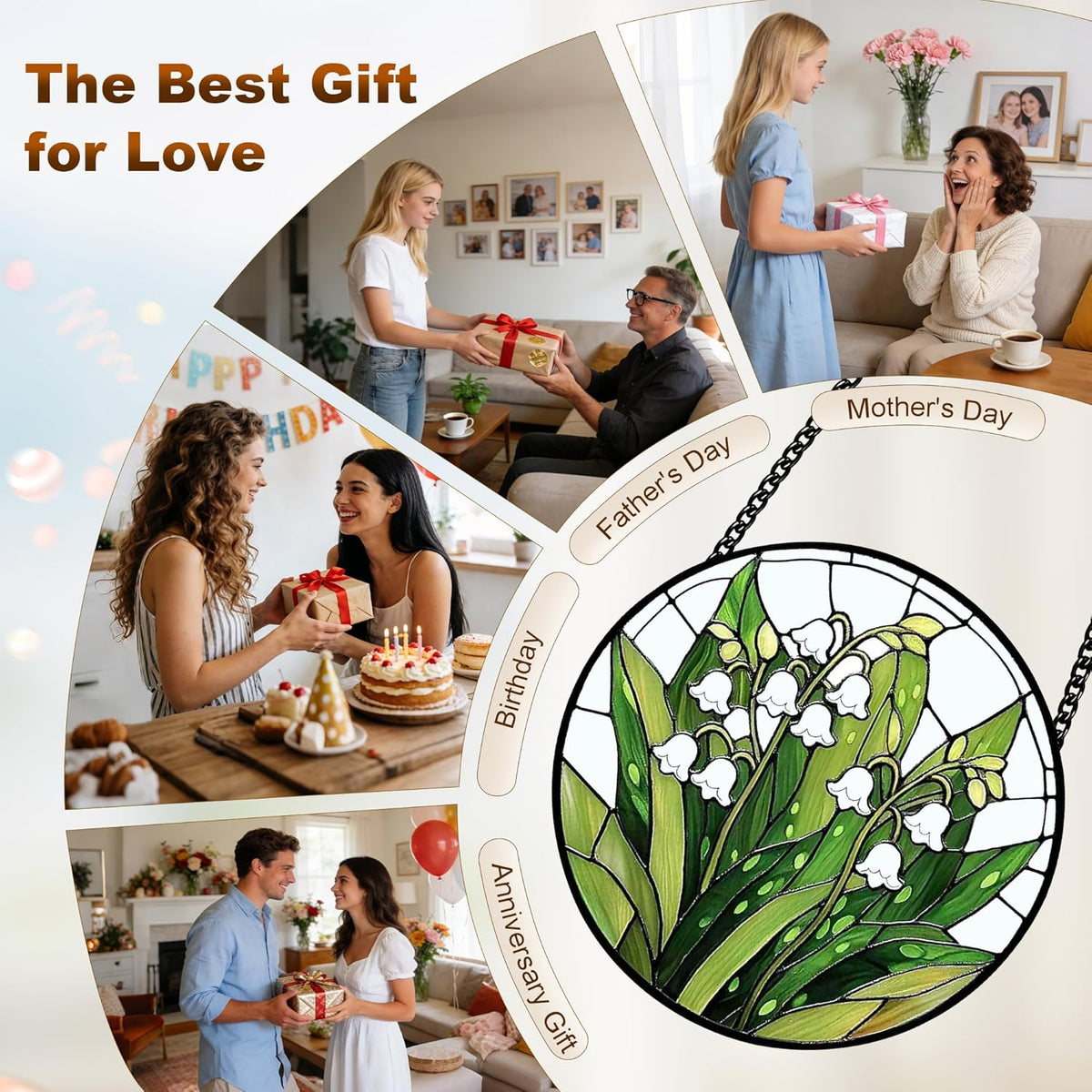 Stained Glass Lily of the Valley Suncatcher – Floral Window Hanging Decor with Chain, Green Glass