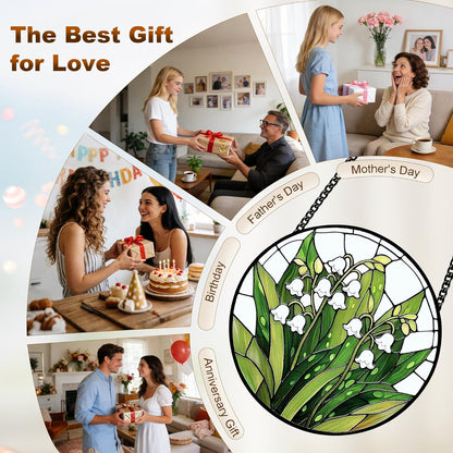 Stained Glass Lily of the Valley Suncatcher – Floral Window Hanging Decor with Chain, Green Glass