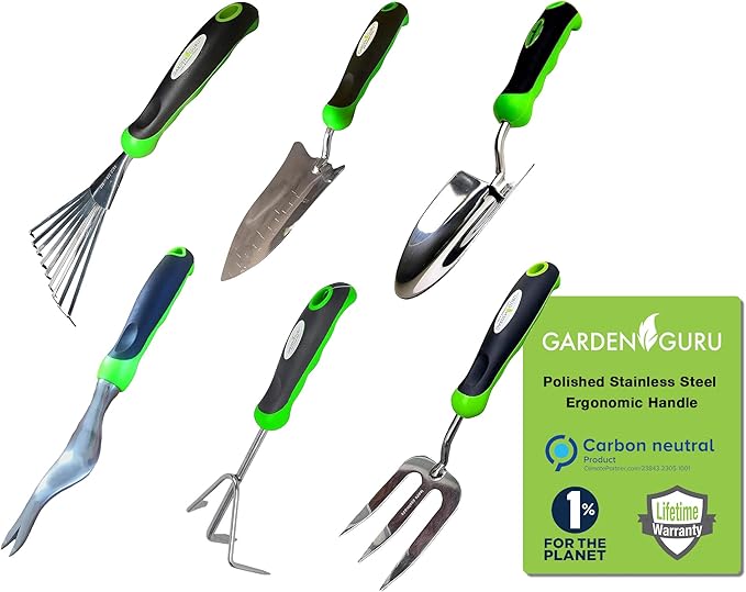 Garden Guru Garden Tool Set 6pc Hand Trowel Transplanter Weeder Fork Rake Cultivator – Heavy Duty