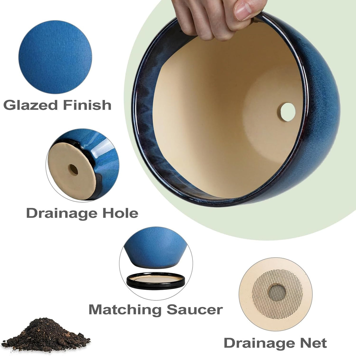 8 Inch Planter - Ceramic Plant Pot with Drainage Hole and Tray Round Planter Modern Flower Pot for