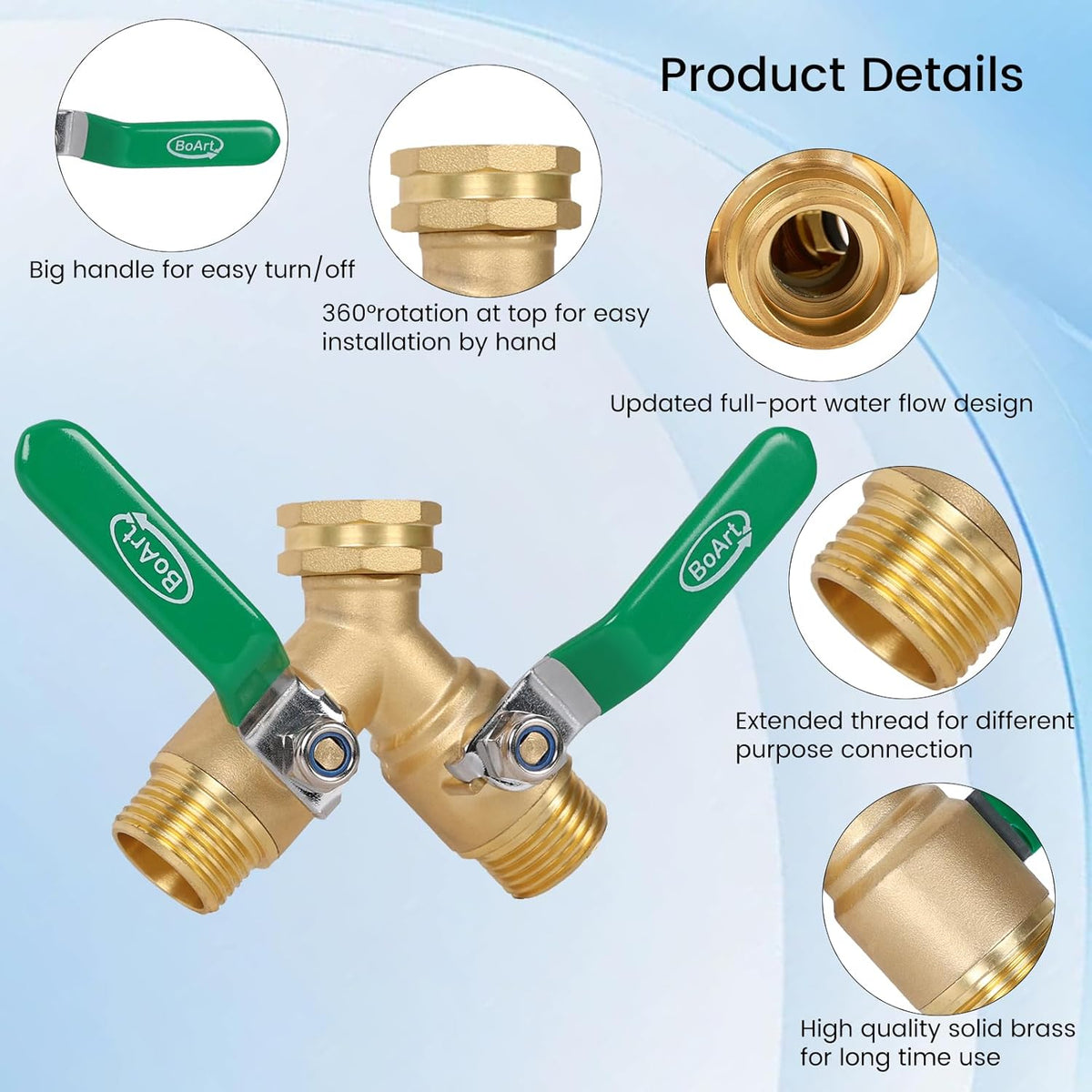 BoArt Brass Garden Hose Splitter 2 Way Heavy Duty, Y Valve Hose Splitter With Stainless Steel Long