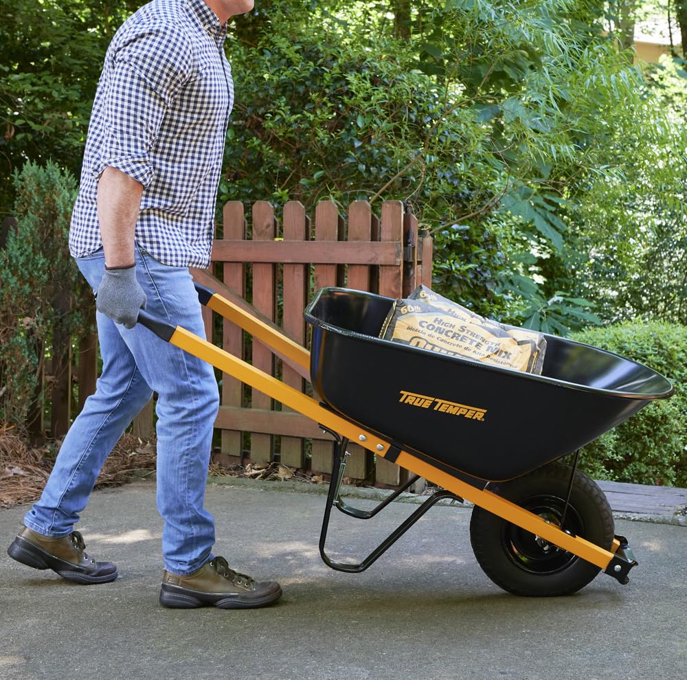 True Temper Steel Wheelbarrow with Never Flat Tire & Steel Handles, 6 Cu. Ft