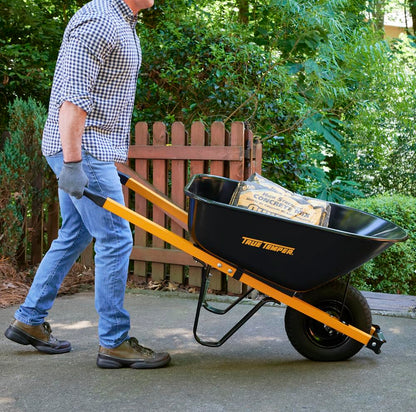 True Temper Steel Wheelbarrow with Never Flat Tire & Steel Handles, 6 Cu. Ft