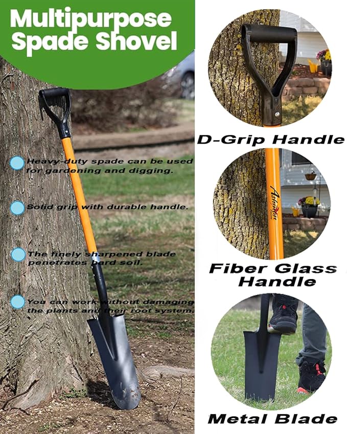 Ashman Drain Spade Shovel (1 Pack) - 48 Inches Long Handle Spade with D Handle Grip - Durable