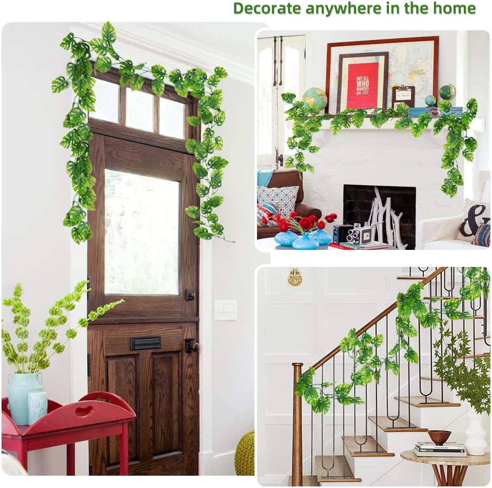RECUTMS Artificial Monstera Leaves Vines 2Pcs 5.9Ft Fake Tropical Large Palm Leaf Greenery Garland