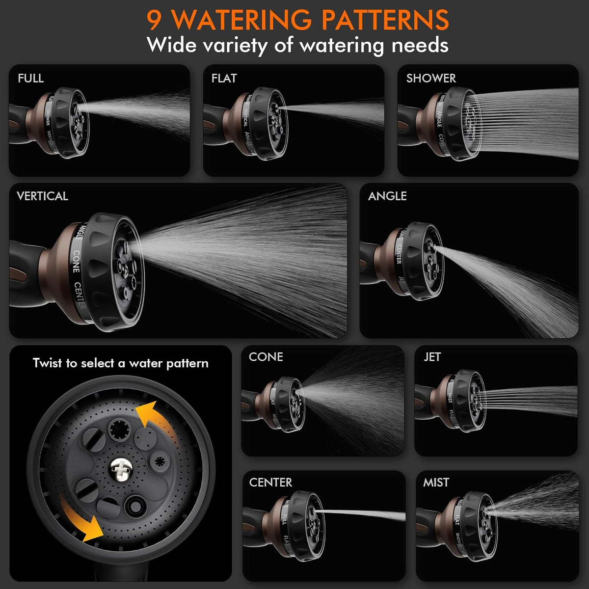 RESTMO Hose Nozzle Heavy Duty, Metal Water Hose Sprayer for Garden, 9 Spray Patterns | High
