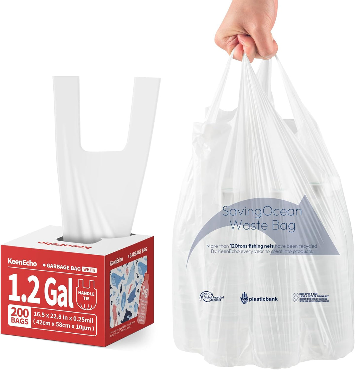 Small Trash Bags with Handles 1.2 Gallon 200 Count White - Ocean Plastic Upcycling - Plastic