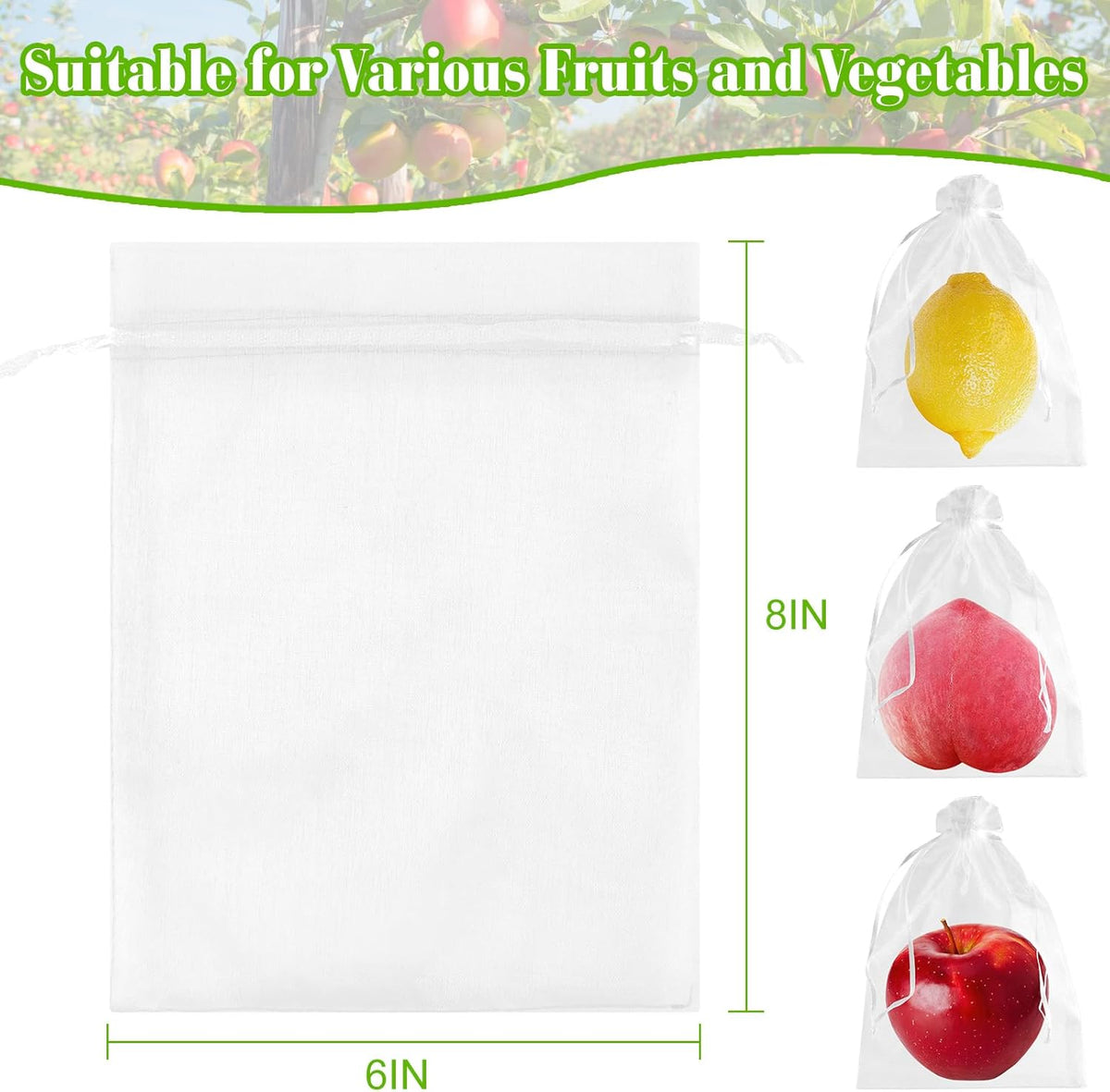 Morcheiong 60pcs Reusable Netting Mesh Bags - 6" x 8", Garden Fruit Protection with Drawstring