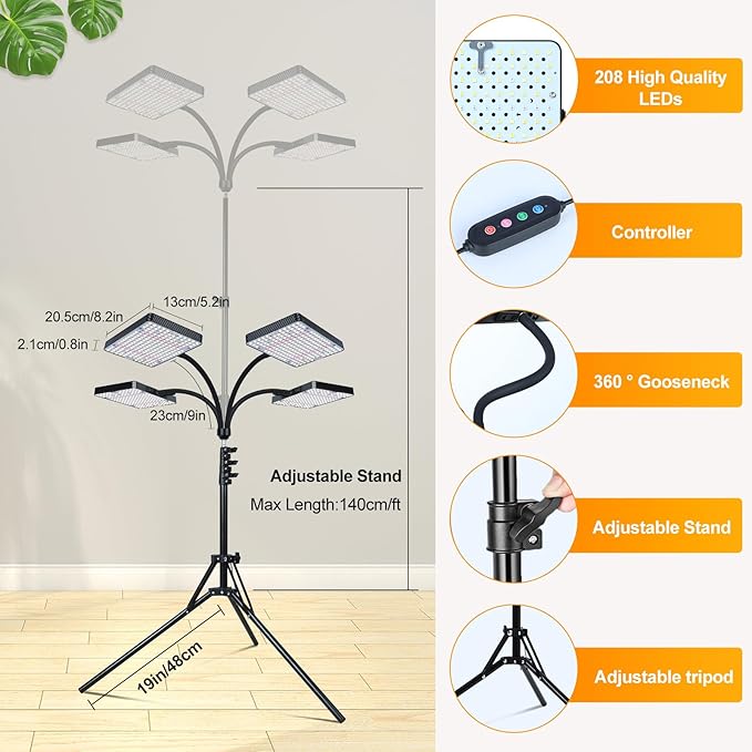 4-Head Grow Light with Stand 100W, FECiDA 2025 Grow Lights for Indoor Plants, Full Spectrum LED