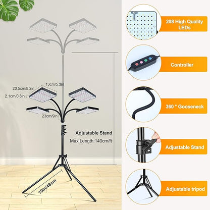 4-Head Grow Light with Stand 100W, FECiDA 2025 Grow Lights for Indoor Plants, Full Spectrum LED