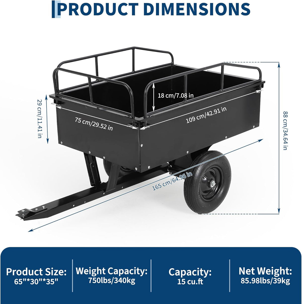 Heavy Duty ATV Dump Cart, 750 lbs Tow Behind Garden Utility Trailer with Removable Sides, Pull