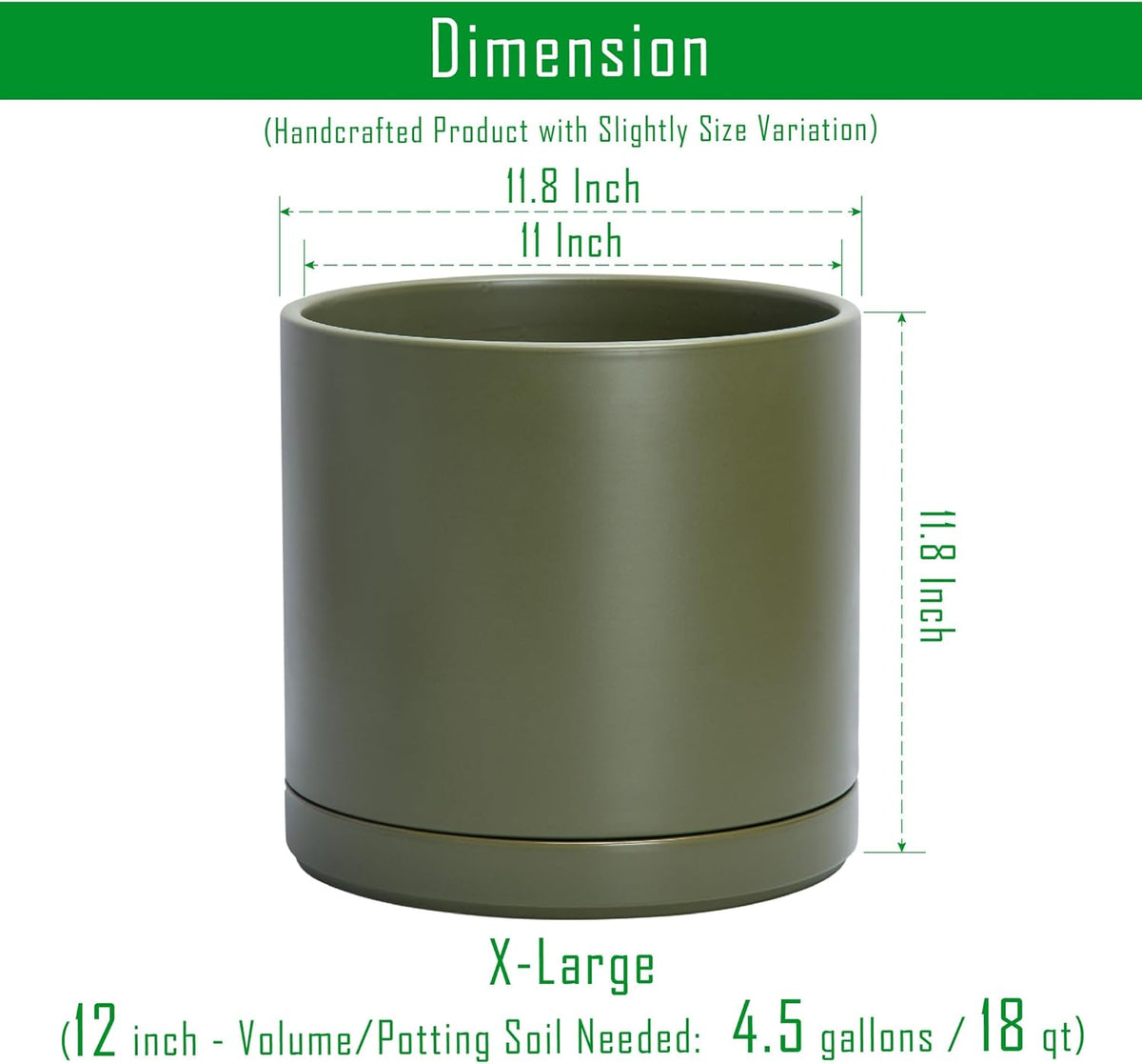 D'vine Dev 12 Inch Ceramic Planter Pot with Drainage Hole and Saucer, Indoor Cylinder Round Planter