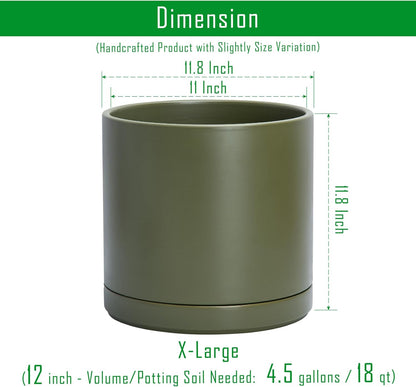 D'vine Dev 12 Inch Ceramic Planter Pot with Drainage Hole and Saucer, Indoor Cylinder Round Planter