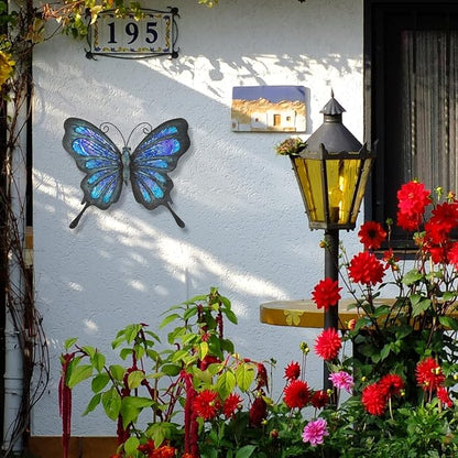 HONGLAND Metal Butterfly Wall Decor Outdoor Indoor Art Sculpture Hanging Glass Decorations Blue for