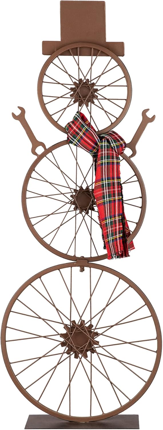 Glitzhome 33.98" H Metal Bike Wheel Snowman with Plaid Scarf Hat Porch Decor Metal Bicycle Garden
