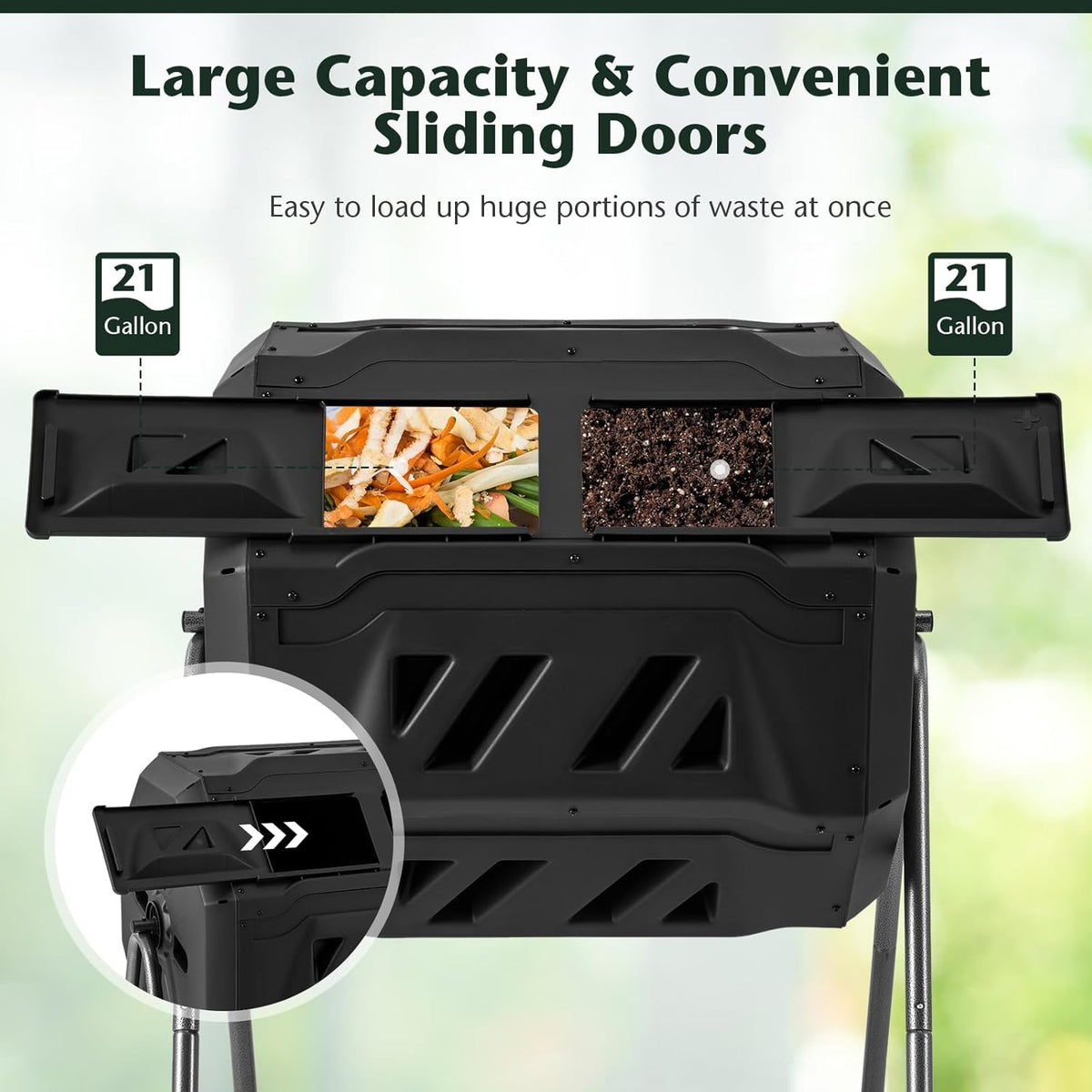 Goplus Compost Bin, Outdoor 42-Gal Dual Chamber Composting Tumbler w/2 Sliding Doors, Heavy-Duty