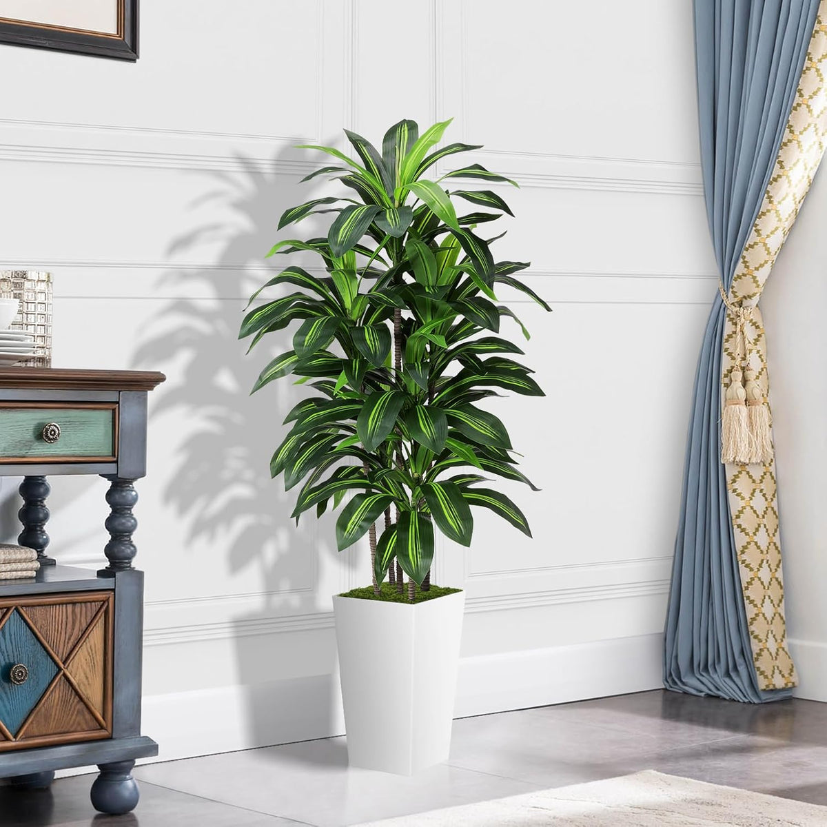Artificial Dracaena Plant Indoor 5FT - Fake Tree with White Tall Planter - Faux Yucca Tall Fake