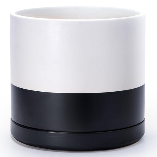 D'vine Dev 14 Inch Ceramic Planter Pot with Drainage Hole and Saucer, Indoor Cylinder Round Planter