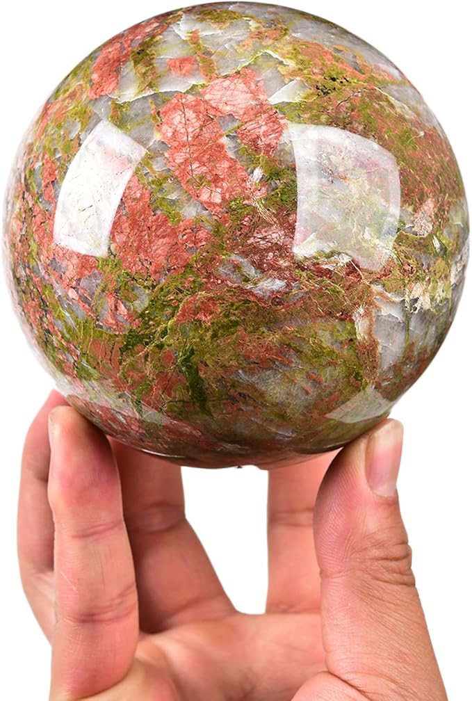 JIC Gem Crystal Sphere Balls Unakite Healing Crystal Ball with Wood Base for Reiki Chakra Decor