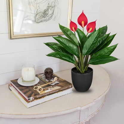 20'' Realistic Red Anthurium Artificial Potted Plant, Fake Flowers for Home Office Farmhouse