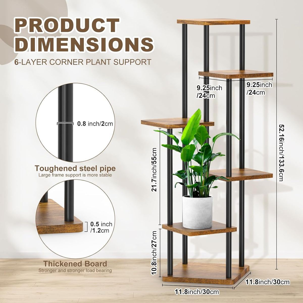 6 Tier Wood Tall Plant Stand Metal Rack Indoor, Multiple Flower Pot Holder Shelves Corner Rack