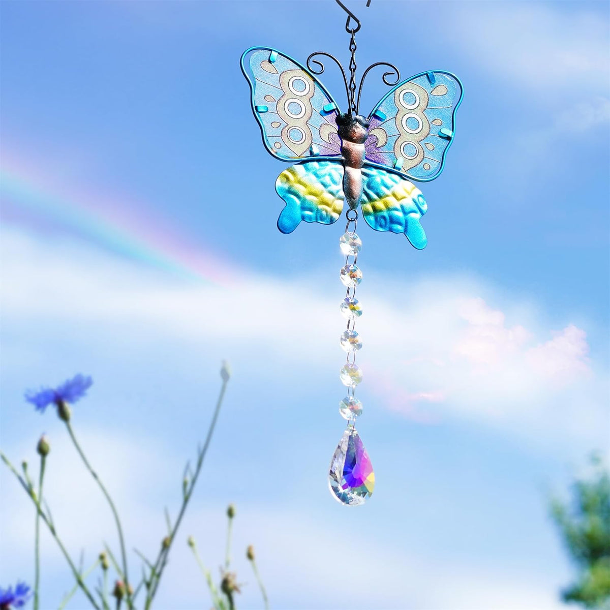 Set 2 Metal Butterfly Suncatchers for Windows - 14" Outdoor Fence Wall Art Decor, Rainbow Prisms