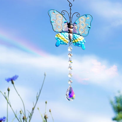 Set 2 Metal Butterfly Suncatchers for Windows - 14" Outdoor Fence Wall Art Decor, Rainbow Prisms