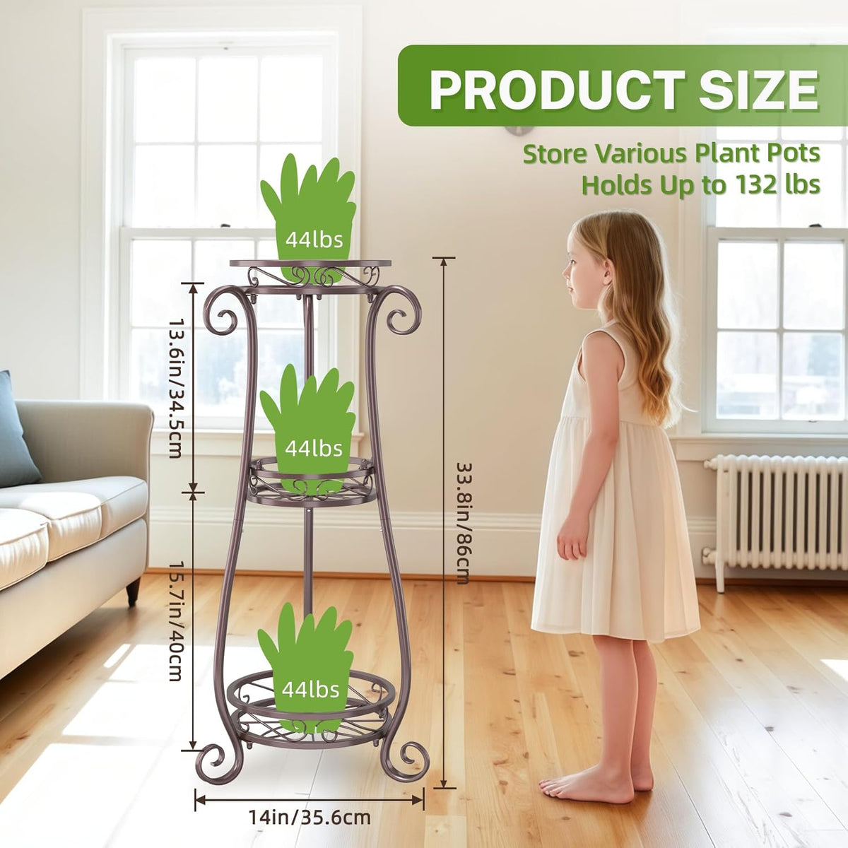 iDavosic.ly 3 Tier Metal Plant Stand Indoor Outdoor, Wrought Iron Corner Tall Flower Pot Holder