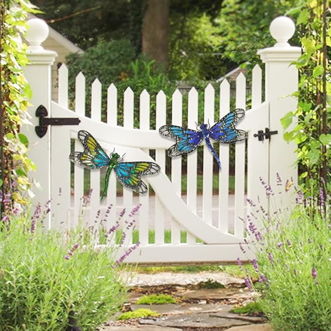 HONGLAND 2Pcs Metal Dragonfly Wall Decor Outdoor Dragonfly Wall Art Glass Sculpture for Home