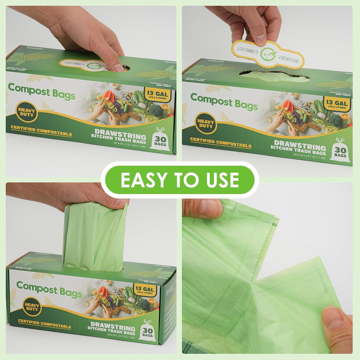 10-13 Gallon Compostable Trash Bags with Drawstring, Heavy Duty Extra Thick 1 Mil, 49.21 Liter