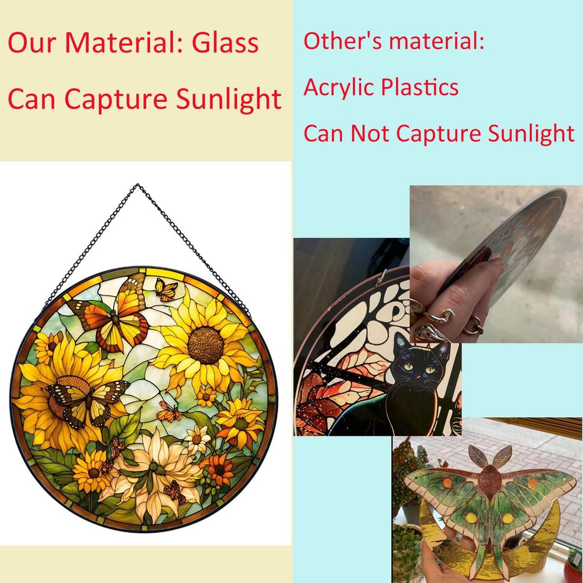Sunflower Hanging Stained Glass for Windows,20cm/7.87inch Hand-Painted Sun Catcher Garden Hangings