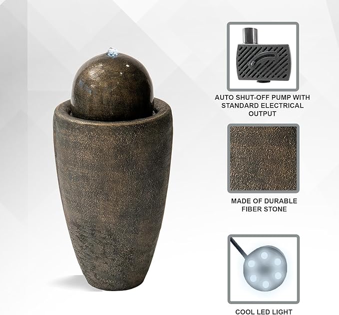 XBrand 25.98" H Round Stone Indoor/Outdoor Modern Stone Textured Sphere Water Fountain w/LED