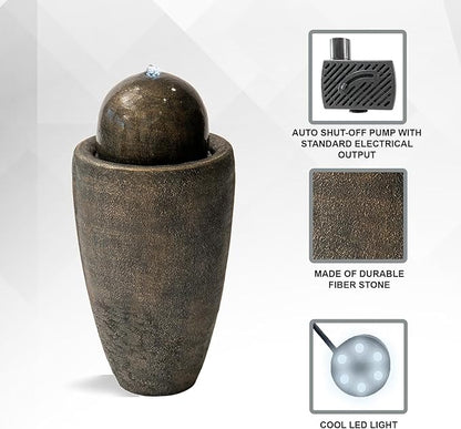 XBrand 25.98" H Round Stone Indoor/Outdoor Modern Stone Textured Sphere Water Fountain w/LED